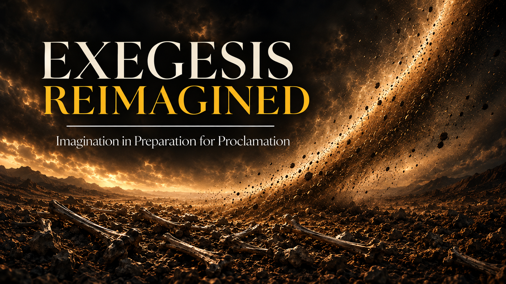 Exegesis Reimagined artwork depicting a dramatic valley of dry bones and a whirlwind with the subtitle Imagination in Preparation for Proclamation